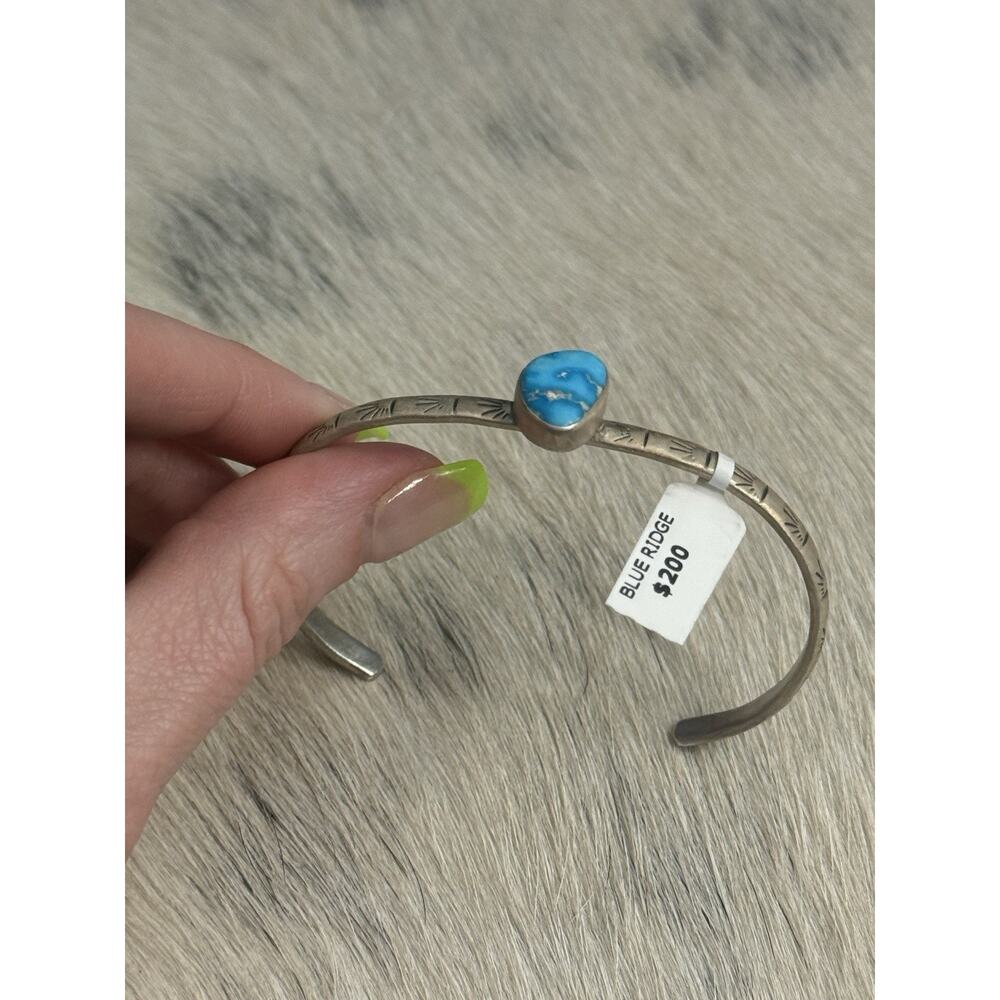 Sterling Silver Blue Ridge Turquoise Stamped Cuff Bracelet Stacker Single Stone - Picture 8 of 16